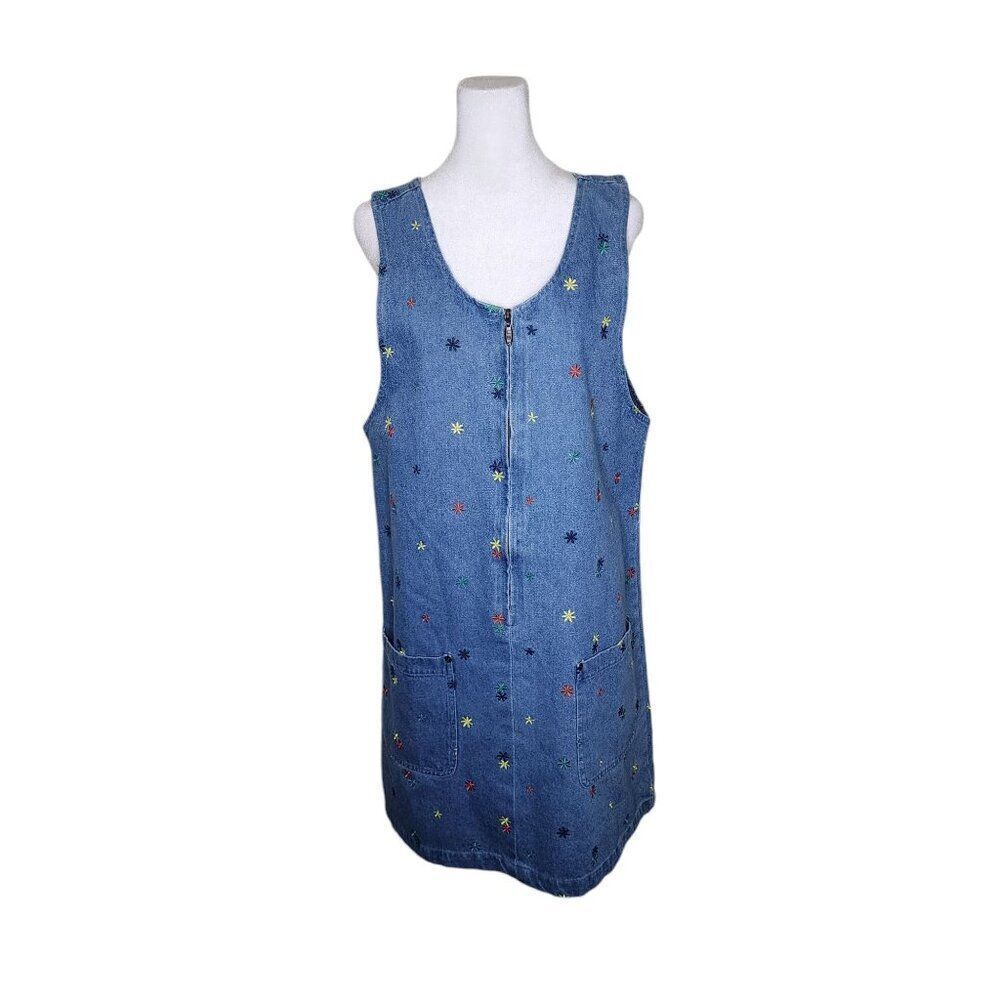 Vintage 90s Floral Denim Shift Dress Jumper Womens M Blue Zip Front